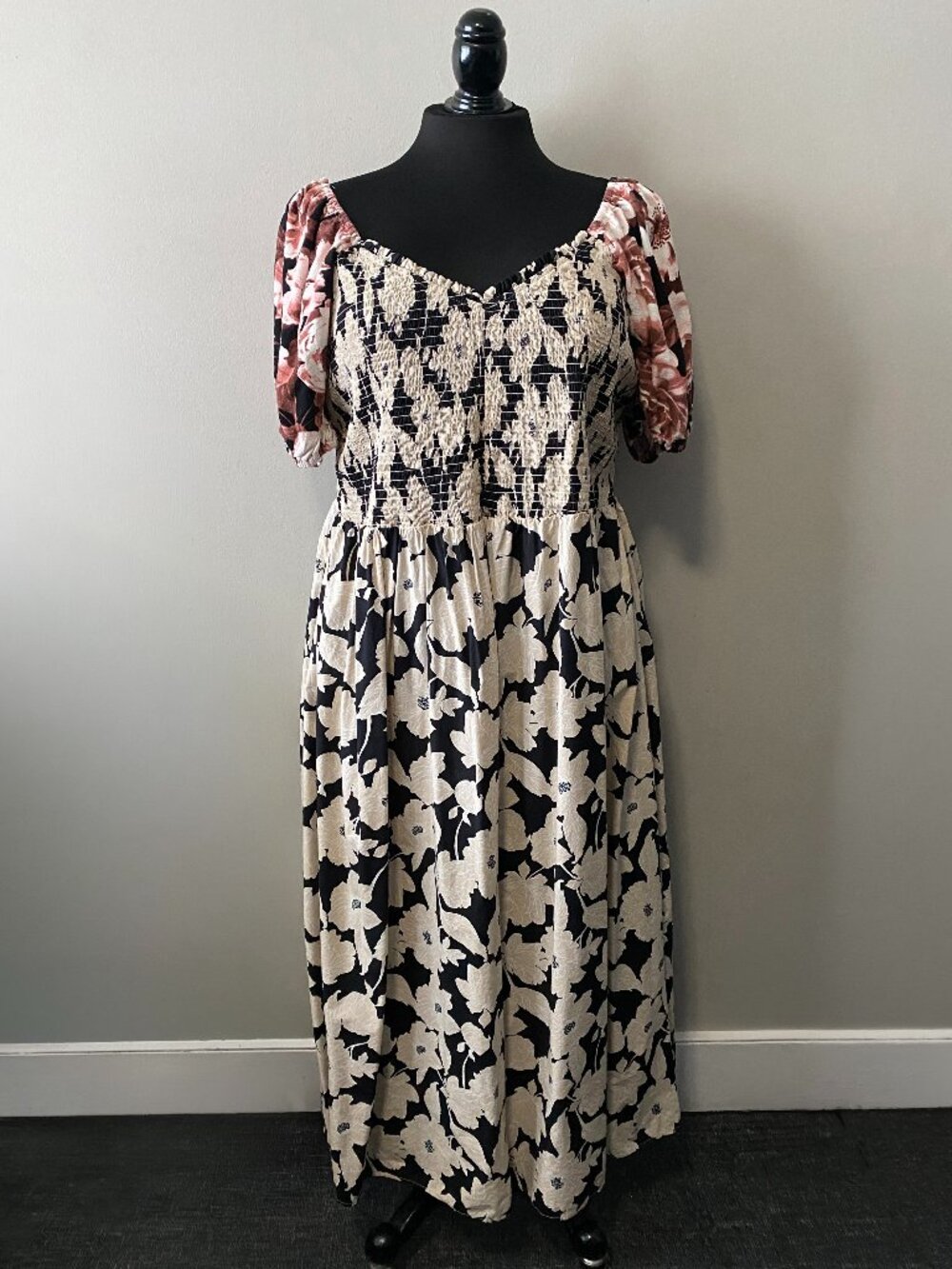 Handmade Plus Size Upcycled Pinks Black Cream Floral Cotton Viscose Dress